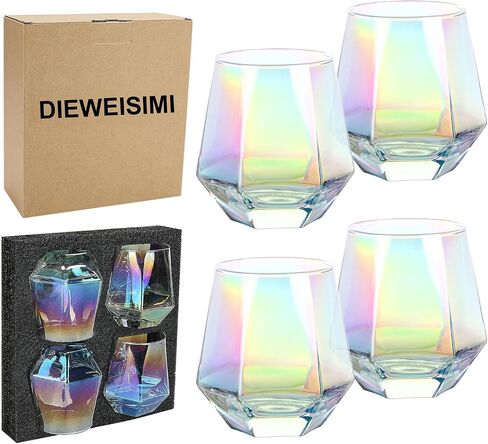 Wine Glass, Stemless Wine Glass for Red and White Wine, Iridescent Diamond Shaped Glassware for Whiskey, Cocktail, Gift for Anniversary, Wedding, Housewarming, Birthday in Saudi Arabia