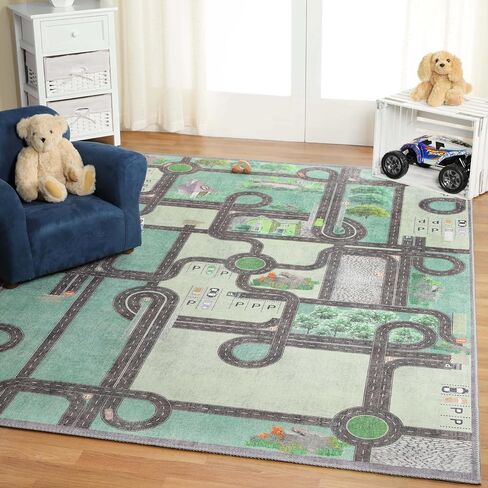 Superior Kids Indoor Area Rug, Country Road Floor Decor for Kids Bedroom Decorations, Colorful Throw, Play Room Accessories, Nursery Bedrooms, Cute, Soft Rugs, 4' x 6', Pine Green in Saudi Arabia
