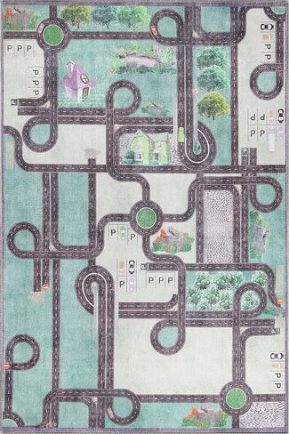 Superior Kids Indoor Area Rug, Country Road Floor Decor for Kids Bedroom Decorations, Colorful Throw, Play Room Accessories, Nursery Bedrooms, Cute, Soft Rugs, 4' x 6', Pine Green in Saudi Arabia