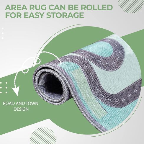 Superior Kids Indoor Area Rug, Country Road Floor Decor for Kids Bedroom Decorations, Colorful Throw, Play Room Accessories, Nursery Bedrooms, Cute, Soft Rugs, 4' x 6', Pine Green in Saudi Arabia