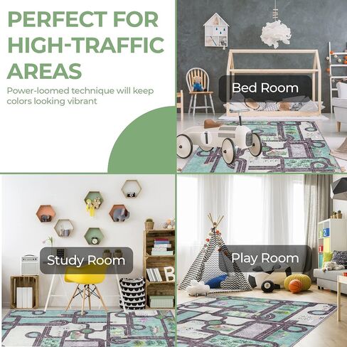 Superior Kids Indoor Area Rug, Country Road Floor Decor for Kids Bedroom Decorations, Colorful Throw, Play Room Accessories, Nursery Bedrooms, Cute, Soft Rugs, 4' x 6', Pine Green in Saudi Arabia