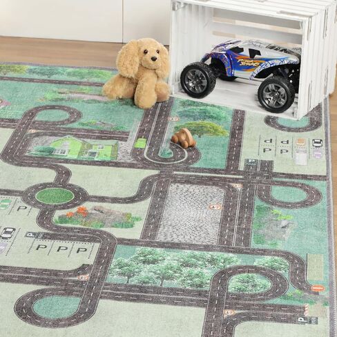 Superior Kids Indoor Area Rug, Country Road Floor Decor for Kids Bedroom Decorations, Colorful Throw, Play Room Accessories, Nursery Bedrooms, Cute, Soft Rugs, 4' x 6', Pine Green in Saudi Arabia