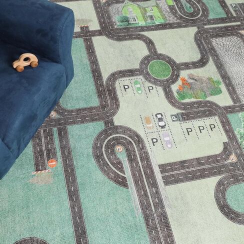 Superior Kids Indoor Area Rug, Country Road Floor Decor for Kids Bedroom Decorations, Colorful Throw, Play Room Accessories, Nursery Bedrooms, Cute, Soft Rugs, 4' x 6', Pine Green in Saudi Arabia