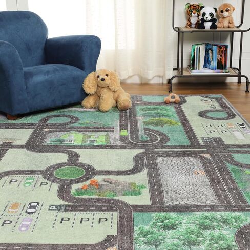 Superior Kids Indoor Area Rug, Country Road Floor Decor for Kids Bedroom Decorations, Colorful Throw, Play Room Accessories, Nursery Bedrooms, Cute, Soft Rugs, 4' x 6', Pine Green in Saudi Arabia