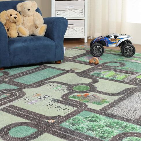 Superior Kids Indoor Area Rug, Country Road Floor Decor for Kids Bedroom Decorations, Colorful Throw, Play Room Accessories, Nursery Bedrooms, Cute, Soft Rugs, 4' x 6', Pine Green in Saudi Arabia