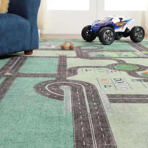 Superior Kids Indoor Area Rug, Country Road Floor Decor for Kids Bedroom Decorations, Colorful Throw, Play Room Accessories, Nursery Bedrooms, Cute, Soft Rugs, 4' x 6', Pine Green in Saudi Arabia