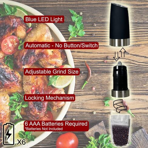 Admired By Nature Electric Salt and Pepper Grinder, Battery-Operated with Adjustable Coarsenessa, Blue LED light and Automatic one handed grinder, ABN5M009-BLK, Black (Pack of 4) in Kuwait