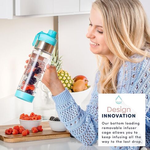 Infusion Pro 24 oz Fruit Infuser Water Bottle : Motivational Time Marker : Screw Top Lid with Large Spout : Insulated Sleeve & Fruit Infused Water eBook : Bottom Loading Infuser - Ocean Breeze in Saudi Arabia