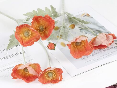 IPOPU Orange Flowers Artificial Poppies 6pcs Real Touch Orange Poppy Flowers Artificial Silk Flower with Stems for for Faux Floral Arrangements Home Table Decor (Orange) in Saudi Arabia