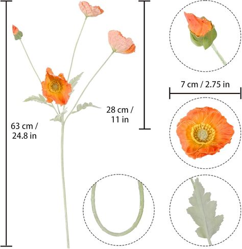 IPOPU Orange Flowers Artificial Poppies 6pcs Real Touch Orange Poppy Flowers Artificial Silk Flower with Stems for for Faux Floral Arrangements Home Table Decor (Orange) in Saudi Arabia