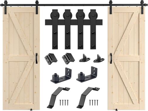 SMARTSTANDARD 30in x 84in Double Barn Door with 10ft Sliding Barn Door Hardware Kit & Handle,Pre-Drilled Ready to Assemble,DIY Unfinished Solid Spruce Wood Panelled Slab,K-Frame in Saudi Arabia