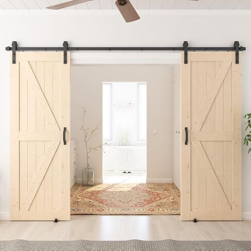 SMARTSTANDARD 30in x 84in Double Barn Door with 10ft Sliding Barn Door Hardware Kit & Handle,Pre-Drilled Ready to Assemble,DIY Unfinished Solid Spruce Wood Panelled Slab,K-Frame in Saudi Arabia