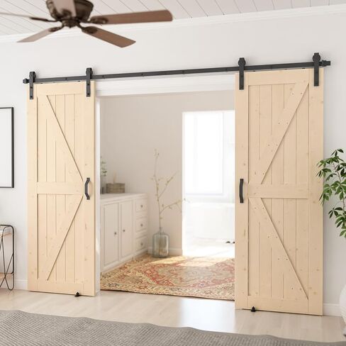 SMARTSTANDARD 30in x 84in Double Barn Door with 10ft Sliding Barn Door Hardware Kit & Handle,Pre-Drilled Ready to Assemble,DIY Unfinished Solid Spruce Wood Panelled Slab,K-Frame in Saudi Arabia