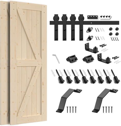 SMARTSTANDARD 30in x 84in Double Barn Door with 10ft Sliding Barn Door Hardware Kit & Handle,Pre-Drilled Ready to Assemble,DIY Unfinished Solid Spruce Wood Panelled Slab,K-Frame in Saudi Arabia