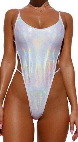 بدلة سباحة نسائية من قطعة واحدة باللون الفضي المعدني، بدلة سباحة مثيرة بدون ظهر ذات قصة عالية، زي مهرجان الهذيان in Kuwait