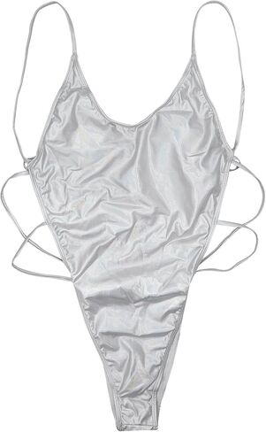 بدلة سباحة نسائية من قطعة واحدة باللون الفضي المعدني، بدلة سباحة مثيرة بدون ظهر ذات قصة عالية، زي مهرجان الهذيان in Kuwait