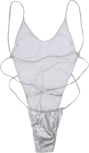 بدلة سباحة نسائية من قطعة واحدة باللون الفضي المعدني، بدلة سباحة مثيرة بدون ظهر ذات قصة عالية، زي مهرجان الهذيان in Kuwait