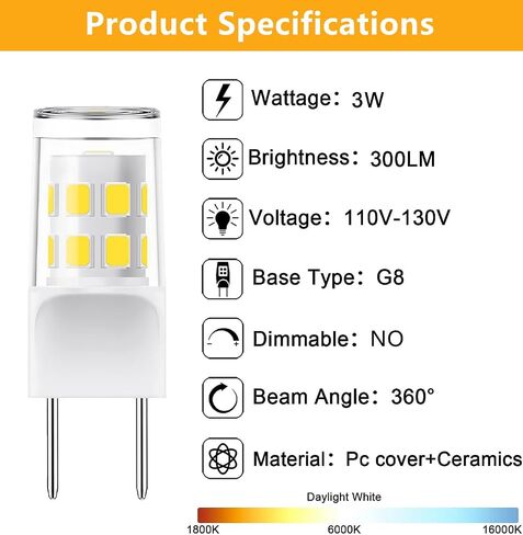 [Pack of 5] G8 Led Bulb, 3W Equivalent 20W-25W Halogen Bulb, G8 GY8.6 Bi-pin Base, T4 120V Puck Light Bulb for Replacement Microwave Light Bulbs, Under Counter Kitchen Lighting, Daylight White 6000K in Saudi Arabia