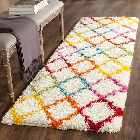 SAFAVIEH Kids Shag Collection Runner Rug - 2'3" x 9', Ivory & Multi, Rainbow Trellis Design, Non-Shedding & Easy Care, 2-inch Thick Ideal for High Traffic Areas in Living Room, Bedroom (SGK569A) in Saudi Arabia