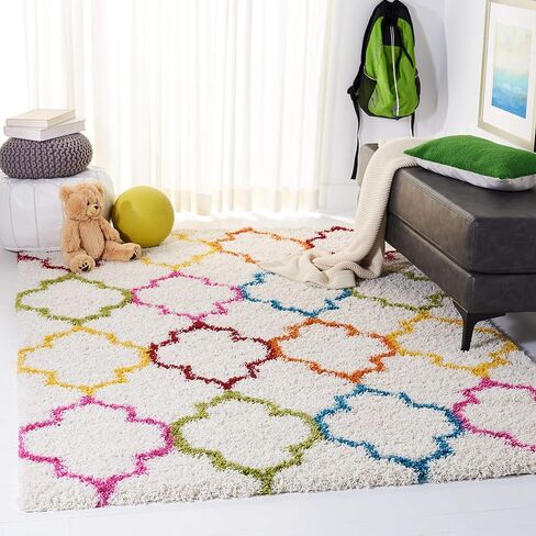 SAFAVIEH Kids Shag Collection Runner Rug - 2'3" x 9', Ivory & Multi, Rainbow Trellis Design, Non-Shedding & Easy Care, 2-inch Thick Ideal for High Traffic Areas in Living Room, Bedroom (SGK569A) in Saudi Arabia