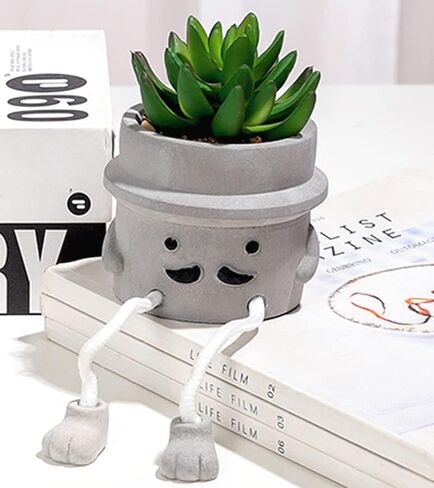 Realistic Mini Cactus Artificial Succulents Smiley Hanging Feet Doll Faux Plants Fake Plants in Gray Concrete Bowl Planter Modern Human Shaped Pots for Home Decor (1 pc - Mustache) in Saudi Arabia