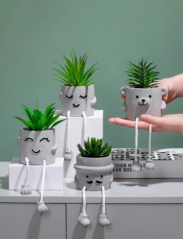 Realistic Mini Cactus Artificial Succulents Smiley Hanging Feet Doll Faux Plants Fake Plants in Gray Concrete Bowl Planter Modern Human Shaped Pots for Home Decor (1 pc - Mustache) in Saudi Arabia