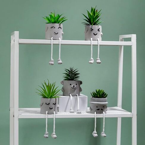 Realistic Mini Cactus Artificial Succulents Smiley Hanging Feet Doll Faux Plants Fake Plants in Gray Concrete Bowl Planter Modern Human Shaped Pots for Home Decor (1 pc - Mustache) in Saudi Arabia