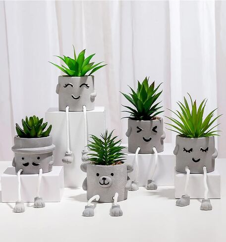 Realistic Mini Cactus Artificial Succulents Smiley Hanging Feet Doll Faux Plants Fake Plants in Gray Concrete Bowl Planter Modern Human Shaped Pots for Home Decor (1 pc - Mustache) in Saudi Arabia