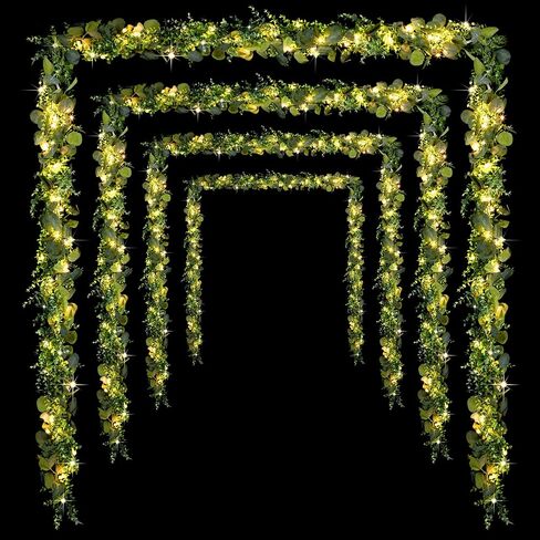XunYee 5.9 ft Artificial Eucalyptus Garland with 20 LED Fairy String Lights Fake Eucalyptus Leaves Greenery Vines Plant for Table Wedding Bridal Shower Birthday Party Garden Indoor Outdoor (4 Pack) in Saudi Arabia