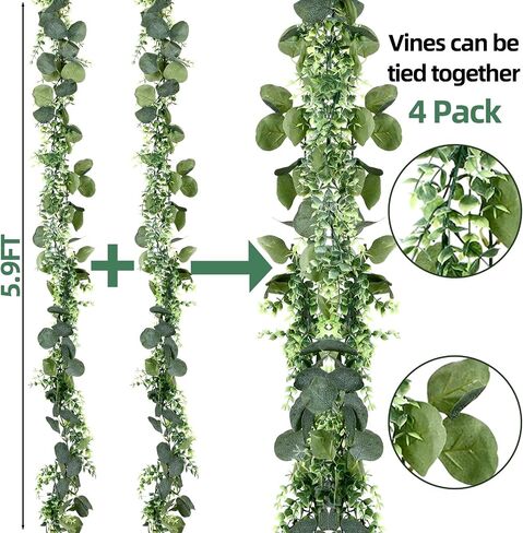 XunYee 5.9 ft Artificial Eucalyptus Garland with 20 LED Fairy String Lights Fake Eucalyptus Leaves Greenery Vines Plant for Table Wedding Bridal Shower Birthday Party Garden Indoor Outdoor (4 Pack) in Saudi Arabia