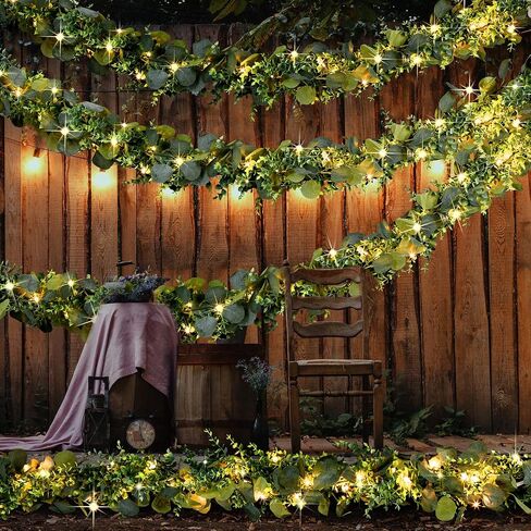 XunYee 5.9 ft Artificial Eucalyptus Garland with 20 LED Fairy String Lights Fake Eucalyptus Leaves Greenery Vines Plant for Table Wedding Bridal Shower Birthday Party Garden Indoor Outdoor (4 Pack) in Saudi Arabia