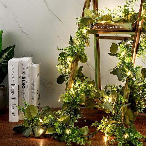 XunYee 5.9 ft Artificial Eucalyptus Garland with 20 LED Fairy String Lights Fake Eucalyptus Leaves Greenery Vines Plant for Table Wedding Bridal Shower Birthday Party Garden Indoor Outdoor (4 Pack) in Saudi Arabia