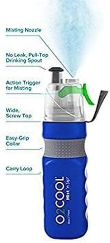 O2COOL Mist 'N Sip Misting Water Bottle 2-in-1 Mist And Sip Function With No Leak Power Flow Grip Band Pull Top Spout Sports Water Bottle Reusable Water Bottle - 24 oz - Blue in Saudi Arabia