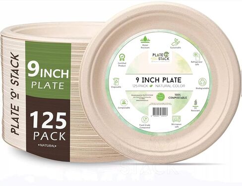 100% Compostable Disposable Paper Plates [125-Pack] - (PFAS-Free) - (BPI Certified) - [9 Inch] Heavy Duty, Eco-Friendly, Biodegradable Bagasse Dinner Plates - Natural Brown 9" Plate by Plate'O'Stack in Saudi Arabia
