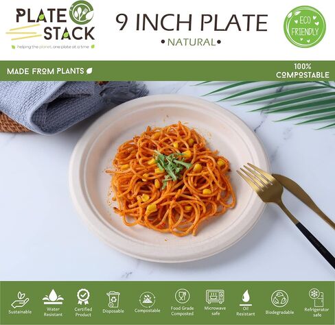 100% Compostable Disposable Paper Plates [125-Pack] - (PFAS-Free) - (BPI Certified) - [9 Inch] Heavy Duty, Eco-Friendly, Biodegradable Bagasse Dinner Plates - Natural Brown 9" Plate by Plate'O'Stack in Saudi Arabia