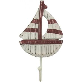 Hampton Nautical Sailboat-301 Wooden Rustic Red and White Hook 7"-Sailboat Nautical Wall Decoration