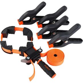 PONY 5-in-1 Strap Clamp with 4-Pack 6-2/7" Spring Clamps, Woodworking Frame Clamping Strap Holder, Rapid Acting Band Clamp
