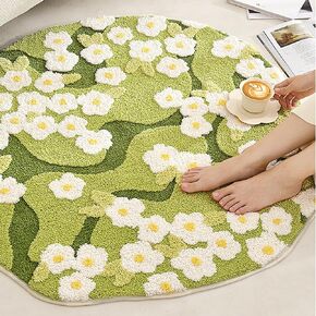 3.3ft Round Area Green Grass Moss Rugs Cute Flower Shag Fluffy Floral Carpet Leaf Bath Mats for Bathroom Decor Non Slip Machine Washable Aabsorbent for Living Room Shower Mat Door mat Indoor
