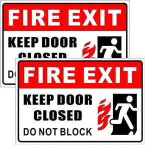 Outdoor/Indoor (2 Pack) 9" X 6" - Fire Exit, Keep Door Closed, Do Not Block - Warning Caution Door Sign Back Adhesive Vinyl Label Sticker - for Home, Business Store, Shop, Cafe, Office, Restaurant etc