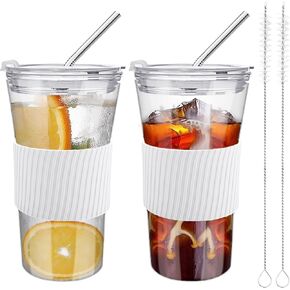 2 pcs Iced Coffee Cups with Lids, 16 oz Glass Cups with Lids and Straws, Reusable Tumbler with Silicone Sleeve, Wide Mouth Can Shaped Drinking Glasses for Coffee Juice Water Smoothie (White) in Saudi Arabia