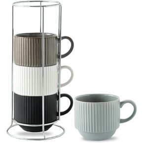 Hasense Porcelain Coffee Mugs, 12 oz Stackable Coffee Cups Ceramic with Steel Rack, Modern Ribbed Latte Cup Sets for Cappuccino, Tea, Espresso, Hot Cocoa, Drinks - Dishwasher & Microwave Safe, Brown