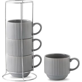 Hasense Porcelain Coffee Mugs, 12 oz Stackable Coffee Cups Ceramic with Steel Rack, Modern Ribbed Latte Cup Sets for Cappuccino, Tea, Espresso, Hot Cocoa, Drinks - Dishwasher & Microwave Safe, Brown