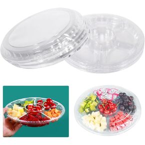 10 Pcs Round Plastic Appetizer Tray with Lid Divided Serving Tray, Disposable Food Storage Containers , Kids Snack, Fruit Platter Vegetable Trays for Party and Buffet