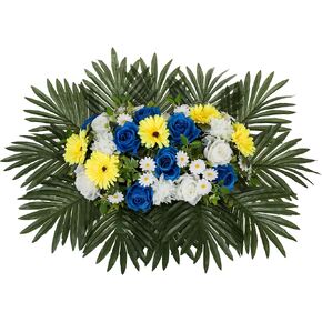 Headstone Flower Saddle for Grave - Artificial Memorial Day Cemetery Flowers Silk Funeral Sympathy Floral Arrangements for Outdoor Gravestone Decorations (Yellow White Royal Blue)
