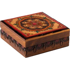 Artisan Owl Polish Handmade Dream Catcher Floral Ornamented Crest 4" Wooden Box with Red Interior, Perfect for Keepsakes and Special Items