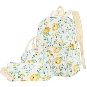 LEDAOU kids backpack for Girls Boys, Backpacks with Lunch Box, Bookbag Set Primary School Daypack Elementary for Age 8-12 (Beige-Flower daisy)