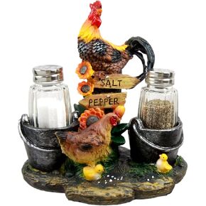 Ebros Gift Country Farm Barnyard Rooster Hen and Chicks Family بواسطة دلاء وعباد الشمس الملح والفلفل حامل تمثال 7 بوصة ارتفاع مع هزازات زجاجية مزخرفة للحيوانات الزراعية صباح الغراب وأشعة الشمس in Kuwait
