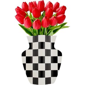 Paper Flower Vase, Handmade Cover Vase for Flowers,Modern Flower Vase for Centerpieces, Waterproof Craft Vase for Home Decor Living Room Bedroom - Checkerboard