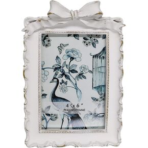 BLYBH Vintage Picture Frame 4x6 Bowknot Retro Photo Frames, Tabletop & Wall Hanging Ornate Antique Picture Frame with High Definition Glass, White