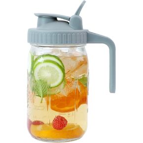 Mason Jar Pitcher Wide Mouth 64 OZ Glass Jars With Pour Spout Lids Airtight Leak-proof 2 Quart Water Pitcher With Handle For Iced Tea, Milk, Sun Tea, Lemonade, Iced Coffee
